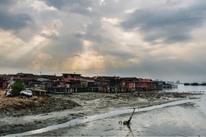 Tan Jetty on a Cloudy Morning at Low Tide